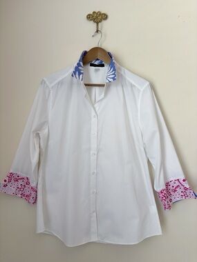 Pearly Vine Pink Paisley 3/4 Sleeve Classic Collar Shirt Large Preppy Summer